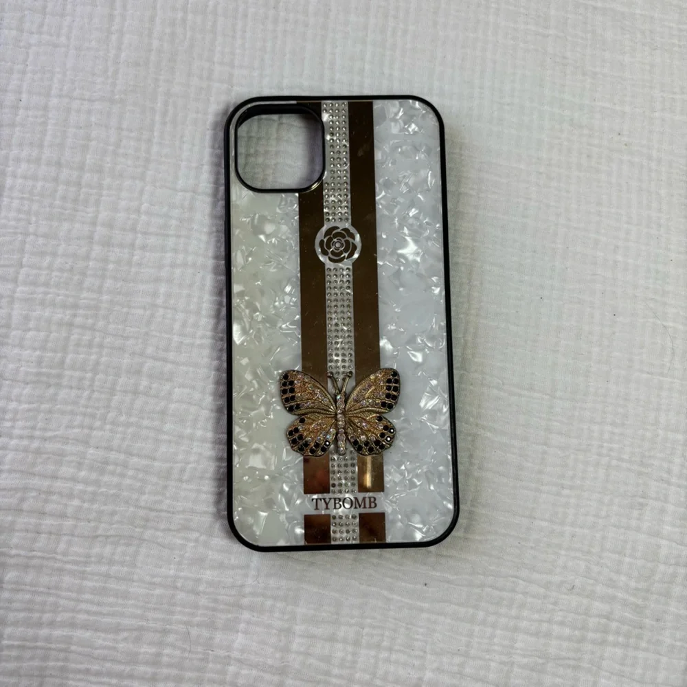 iPhone 15 Plus Elegant Butterfly Phone Case - Brown and Gold